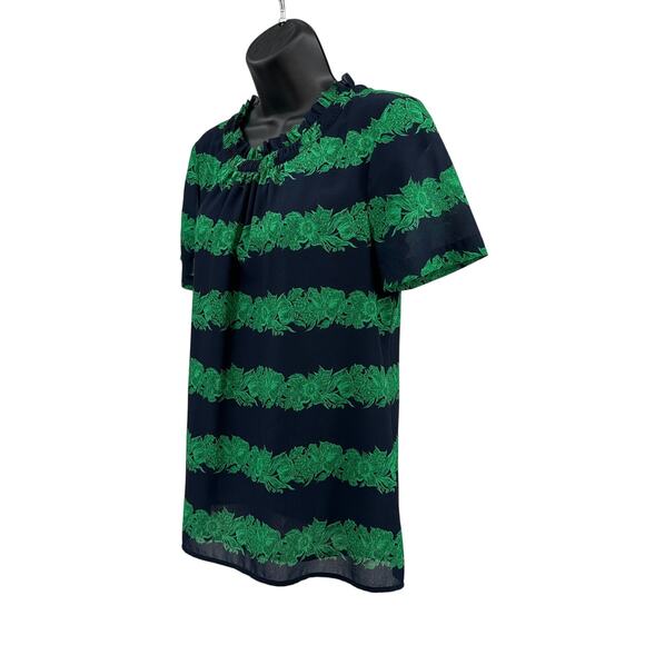J.Crew Ruffle Crew Neck Top WMN 4 Navy Blue/Green Beanstalk Stripe A9171 Blouse - Picture 5 of 11